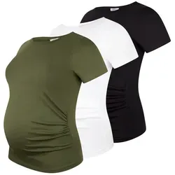 M.M.C. Umstandsshirt 3er Set unifarben Umstandsmode Schwangerschaft Schwangerschaftsshirt, Kurzarm (Schwarz, Weiß, Khaki, XL)