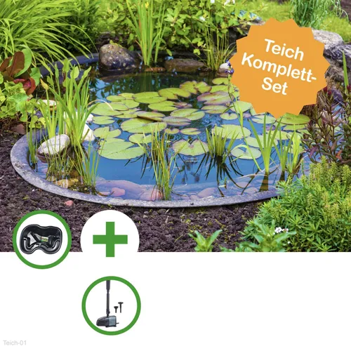 Heissner Fertigteich TEICH SET - 120 Liter Teichbecken - Teichbecken für Garten und Terrasse, inklusive Wasserspielpumpe, ideal für kleine Gärten und zur Schaffung einer beruhigenden Wasserlandschaft.