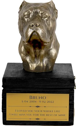 Cane Corso Urne mit Gravur und Hundeskulptur - Personalisierte Hundeurne aus robustem Birkenholz mit handgefertigter Bronze-Skulptur. Ein liebevoller letzter Abschied für Ihren treuen Begleiter.
