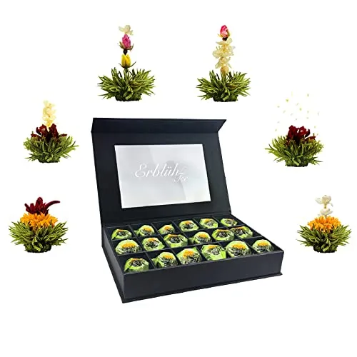 Creano 18er Teeblumen Geschenkset - Grüner Tee in edler Magnetbox - Tee-Geschenkideen: 18 fruchtig aromatisierte Teeblumen in attraktiver Magnetbox. Ideal als Geschenk für Teeliebhaber – jede Blüte ergibt bis zu 1,5l Tee und sorgt für ein optisches Erlebnis.