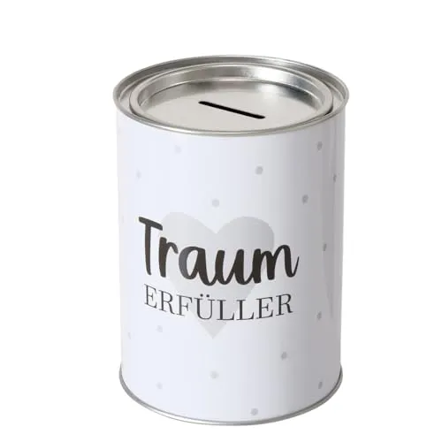 ReWu Spardose Sparschwein Schriftzug Traumerfüller - Deckel abnehmbar - Wiederverwendbar Metall Sparbüchse Geldgeschenk Geschenkidee Geldspardose Metallspardose 14 x 10 cm