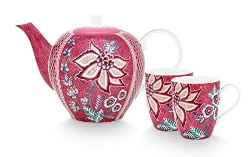 Pip Studio 51020161 Flower Festival Teeset Large Dunkelrosa Set3 - Elegantes Teeset aus hochwertigem Porzellan, ideal für stilvolle Teestunden und besondere Anlässe.