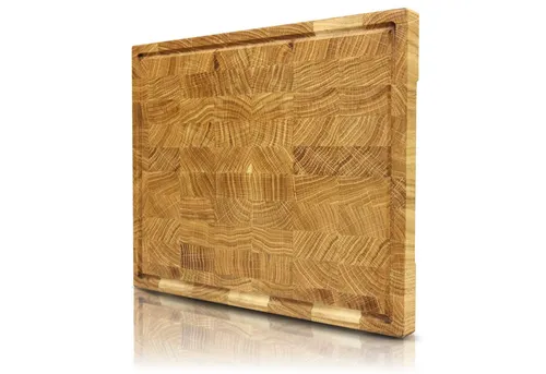 holz4home® Schneidebrett M aus Eichenholz - Hackbrett mit Stirnholz Würfelmuster, antibakteriell und langlebig, ideal für Steak und Gemüse, mit praktischer Saftrille und rutschfesten Gummifüßen für sicheren Halt.