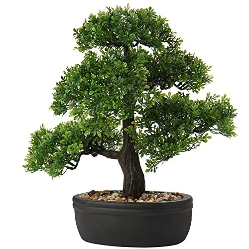Briful Kunstbonsai Naturgetreue Künstliche Pflanze Kunstbaum Bonsai Zeder Kiefer Podocarpus Plastik Pflanze Kunstpflanze mit Keramik-Übertopf in Schwarz für Baddeko Desktop Büro Fensterbank