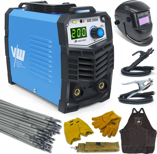 VECTOR WELDING ARC 200K Elektroden Schweißgerät 200A SET - Schweißgeräte: Kompaktes Elektroden Schweißgerät mit Hotstart und ArcForce für präzises Schweißen. Ideal für Außenanwendungen, inklusive Schweißerkleidung und Zubehör.