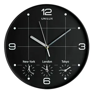 Unilux Wanduhr On Time Quarzuhr, Ø 30 cm, lautlos - Weltzeituhr für New York, London und Tokyo. Hochwertige Quarz-Uhr mit 1 Sek. Abweichung in 6 Jahren – ideal für präzise Zeitmessung.