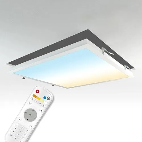 LongLife LED CCT LED Panel Set E 62x62cm - Deckenleuchte mit 36W und stufenlos einstellbarer Farbtemperatur von 3000K-6000K, inklusive Einbaurahmen und Funkfernbedienung für komfortable Steuerung aus bis zu 30m Entfernung.