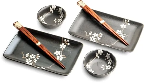 JAPAN ORIENTAL SUSHI TELLER SET | 6-teiliges Sushi Geschirr Set für 2 Personen - Vielseitiges 6-teiliges Set für Sushi-Liebhaber: 2 Sushi Teller, 2 Saucenschälchen und 2 Essstäbchen. Hochwertige Verarbeitung, spülmaschinenfest und ideal für stilvolle Anlässe.