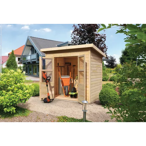 Karibu Gartenhaus "Kano 3" SET - Naturbelassen mit Dachbahn - Praktisches Pultdach-Gartenhaus mit 3,3 m² Grundfläche, kesseldruckimprägnierten Bodenbalken und einer vormontierten Tür für einfachen Zugang. Ideal für optimale Raumnutzung und sicheren Schutz.