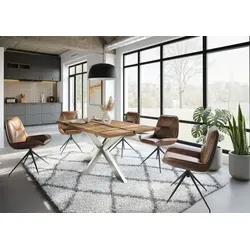 Baumtisch Mango 180x90x74 natur lackiert / Epoxid schwarz, Kreuzgestell silber matt - Einzigartiger Tisch aus massivem Mangoholz mit natürlicher Lackierung und eleganter Baumkante. Der stilvolle Materialmix mit einem Kreuzgestell in Silber matt bringt modernes Flair in Ihr Esszimmer.