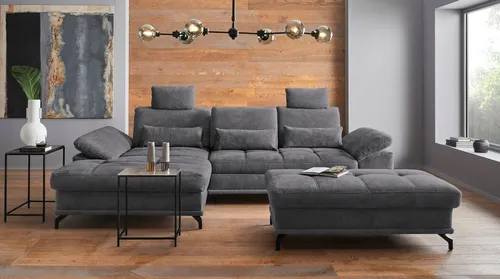 Ecksofa PLACES OF STYLE "Costello L-Form" mit Sitztiefenverstellung, grau, 301cm - Sofas: Komfortables Ecksofa mit Sitztiefenverstellung und zeitloser Samtoptik, ideal für stilvolle Wohnräume.