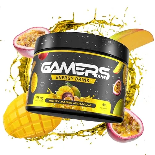 Gamers Only Energy Pulver Mighty Mango Maracuja [MIT KOFFEIN & ZERO ZUCKER ] 40 Portionen | Energy Drink Pulver | Erhöht die Konzentration & Reaktionen | 125MG Koffein & L-Tyrosin