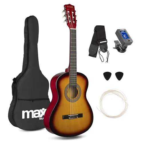 MAX SoloArt - Gitarre 3/4 Kindergitarre ab 6 jahre, Junior Akustik Gitarre inkl. Tasche, Plektrum, Gurt und Saiten-Zubehör, Guitar in Sunburst