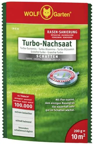 WOLF-Garten 3826610 LR-S 10 TURBO-Nachsaat SCHATTEN für 10m² - Optimale Rasensamen für schattige Bereiche, Turbo-Nachsaat, Inhalt 200 g für eine Fläche von ca. 10 m², ideal für eine dichte und grüne Rasenfläche.