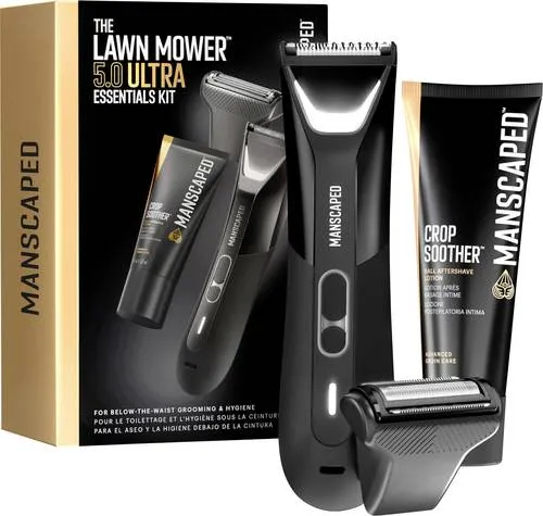 MANSCAPED Lawn Mower 5.0 Ultra Essentials Kit - Bodygroomer in Smoking Schwarz - Bodygroomer mit SkinSafe™ Technologie für eine sanfte Rasur, wasserdicht und mit 60 Minuten kabelloser Laufzeit, ideal für präzises Trimmen und Rasieren.