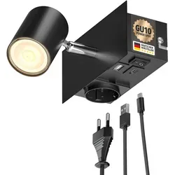 ledscom.de Wandspot WAIKA, 1-flammig, schwarz mit USB-Anschlüssen - Moderne Wandleuchte mit Steckdose und USB-Anschlüssen für praktisches Laden. 3-Stufen-Dimmer für individuelle Helligkeitseinstellungen und elegantes Design, perfekt für jedes Interieur.