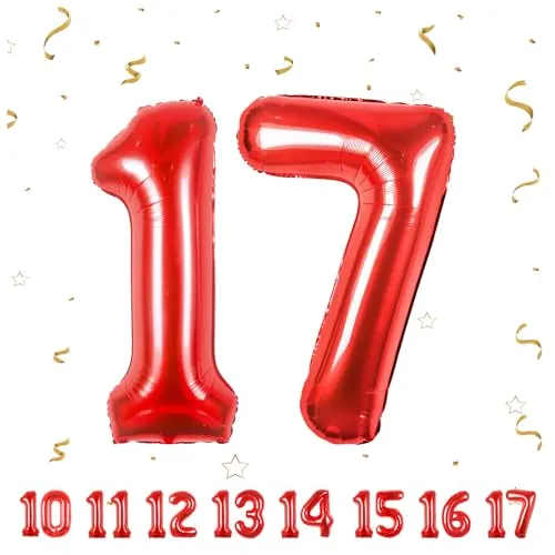 Geburtstag zahlen luftballon 17 jahre | Folienballon Rot- Folienballon in 40"-101cm Geburtstagsdeko - Ballon Zahl Deko zum Geburtstag fliegt mit Helium für Mädchen Junge 17.Geburtstags
