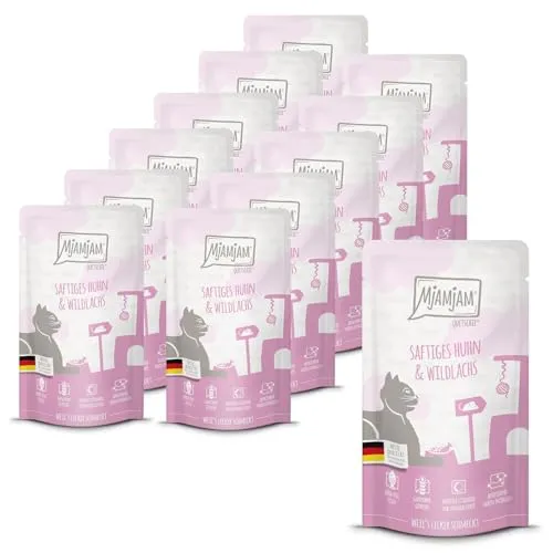 MjAMjAM - Premium Nassfutter für Katzen - saftiges Huhn und Wildlachs, 12er Pack (12 x 125 g), getreidefrei mit extra viel Fleisch