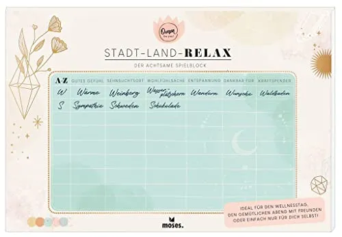 moses. Stadt-Land-Relax-Block - Achtsame Version des Spieleklassikers, 50 Blatt für entspannte Spielrunden alleine oder mit Freunden