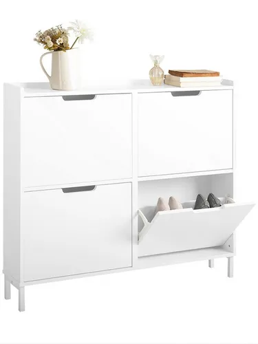 SoBuy Schuhkipper FSR100 - 4 Klappen Schuhschrank mit 8 Ablageflächen - Schuhkipper in Weiß, platzsparend und pflegeleicht, ideal für kleine Flure. Einfache Selbstmontage und modernes Design für stilvolle Ordnung.