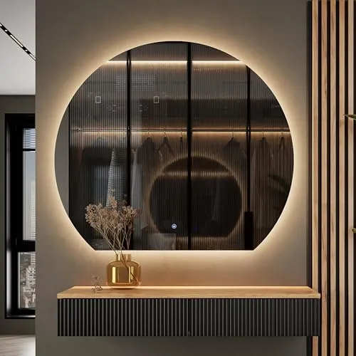 Planetmöbel Aube Halbrunder Bogenspiegel mit LED-Beleuchtung - Stylischer Wandspiegel mit 100 x 90 cm, dimmbarer LED-Beleuchtung und einfachem Touch-Schalter. Ideal für Flur oder Diele, sorgt für eine harmonische Raumatmosphäre.