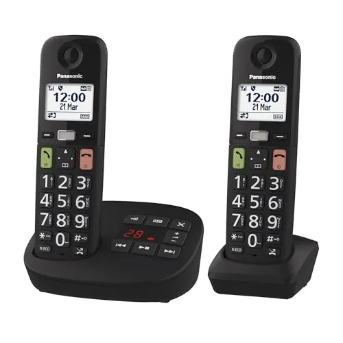 Panasonic KX-TGU132EXB Duo Festnetztelefon - Seniorenfreundliches Festnetztelefon mit zwei Mobilteilen, großen beleuchteten Tasten und lautem Klingelton für optimale Erreichbarkeit.