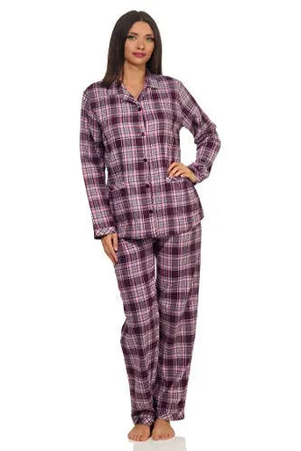 Damen Flanell Pyjama Schlafanzug Langarm Beere - Größe 40/42 - Kuscheliger Flanell Schlafanzug für kalte Nächte. Mit klassischem Hemdkragen und durchgehender Knopfleiste für optimalen Tragekomfort. 100% Baumwolle, ideal auch als Homewear.