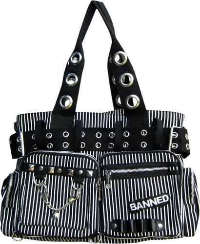 Banned - Gestreifte Handtasche Schwarz Weiß - Stylische Schultertasche aus Baumwolle/Polyester mit viel Stauraum. Innen bietet sie ein Hauptfach mit Reißverschluss und Fächern für Handy und Geldbeutel. Ideal für den täglichen Einsatz und modische Akzente.