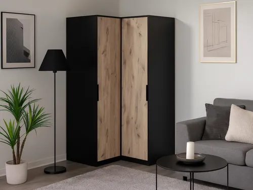 Beautysofa Eckschrank LIVO mit 2 Drehtüren und Regalen - Der Eckschrank LIVO (Breite: 108 cm) kombiniert modernes Design mit cleverer Raumausnutzung. Ideal für Kleidung und Accessoires, sorgt er für Ordnung in jedem Raum und ist in zwei stilvollen Farbkombinationen erhältlich.