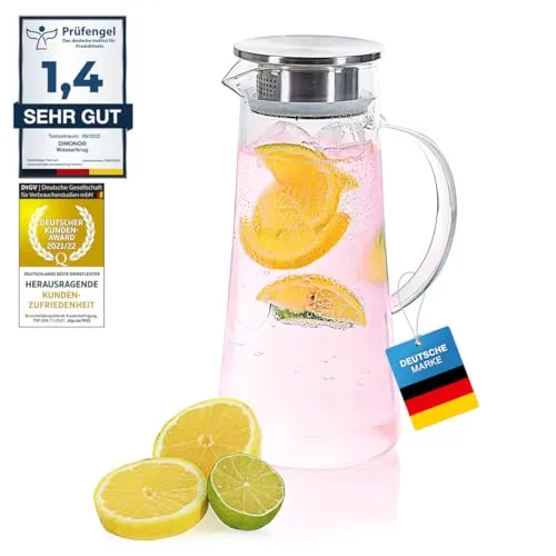 Wasserkrug Wasserkanne Krug 1,5 Liter, Glaskrug mit Filter und Deckel aus Edelstahl Getränkekaraffe für heißes u. kaltes Wasser Eistee Kaffee Milch Saft Glaskaraffe mit Griff