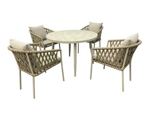 greemotion Balkonmöbel-Set Avola 5-teilig in Taupe - Elegantes Balkonmöbel-Set Avola mit rundem Tisch (Ø108 cm) und 4 stapelbaren Rope-Stühlen. Wetterfester Aluminiumrahmen und pflegeleichte Materialien bieten hohen Komfort und Langlebigkeit für den Außenbereich.