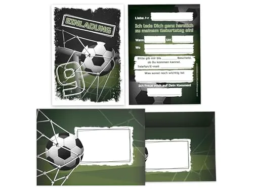 Limonia 12 Einladungskarten incl. 12 Umschläge zum 9. Kindergeburtstag Einladung Geburtstag Mädchen Kinder Jungs Jungen Boys Fussball Turnier blau