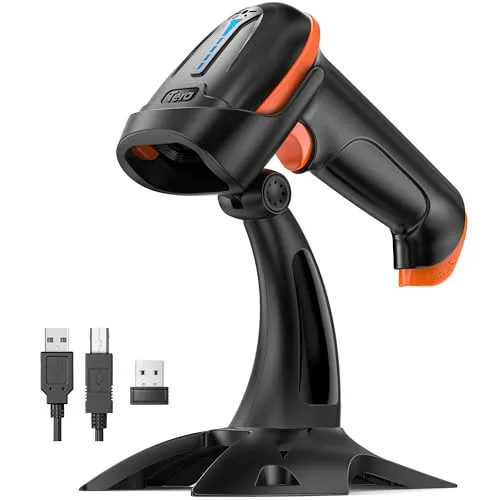 Tera Barcode Scanner 1D 2D QR Wireless Kabellos 2,4 GHz + Wired USB 2,0 Kabelgebunden Handscanner Barcodelesegerät mit Ständer Halterung 5 Mil Auflösung 100m Reichweite, D5100