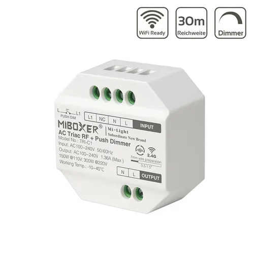 MiBoxer LED Funkdimmer 300W Triac RF+Push Dimmer TRI-C1 für LED-Beleuchtung