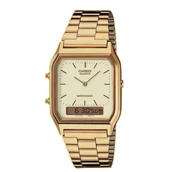 CASIO VINTAGE Quarzuhr - Armbanduhr mit goldfarbenem Resin-Gehäuse und Edelstahlarmband, verfügt über eine zweite Zeitzone und Stoppfunktion für präzise Zeitmessungen.