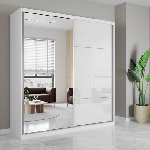 imoebel24 Schwebetürenschrank mit Spiegel, 203x218 cm - Kleiderschrank mit 6 Fächern und Schubladen, ideal für modernes Schlafzimmer. Der Spiegel vergrößert den Raum optisch und sorgt für zusätzliche Funktionalität.