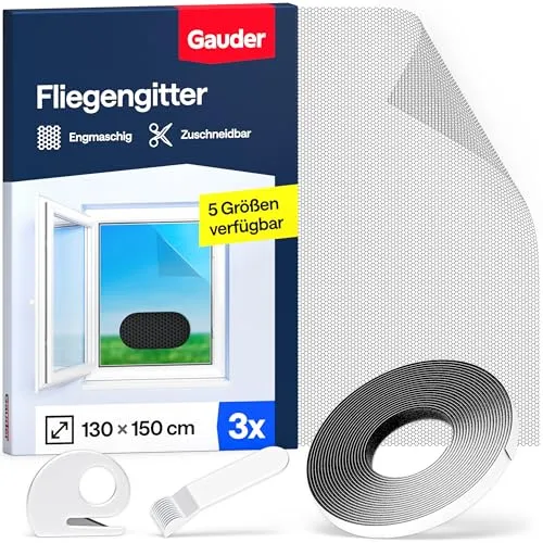 GAUDER Fliegengitter für Fenster - Insektenschutz ohne Bohren - Fliegengitter mit Klettband - Fliegennetz aus Polyester - Mückennetz & Moskitonetz für Fenster (3 Stück - 130 x 150 cm - schwarz)