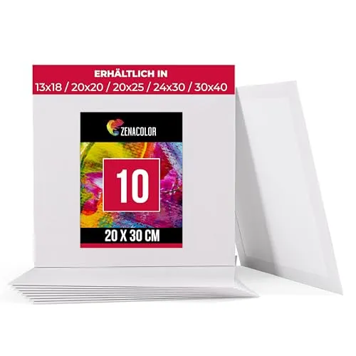Zenacolor - Canvas Set 10 teilig - Leinwand zum Bemalen 20x30cm - Gemälde auf Leinwand, Acrylmalerei, Ölgemälde, Gouache, Aquarell - 100% Säurefreie Baumwolle.