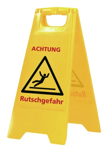 ReinigungsBerater Schild Rutschgefahr Klappschild - Reinigungswagen & -geräte, beidseitig bedruckt und ideal für die Warnung bei frisch gewischten Böden, sorgt für Sicherheit und Prävention von Unfällen.