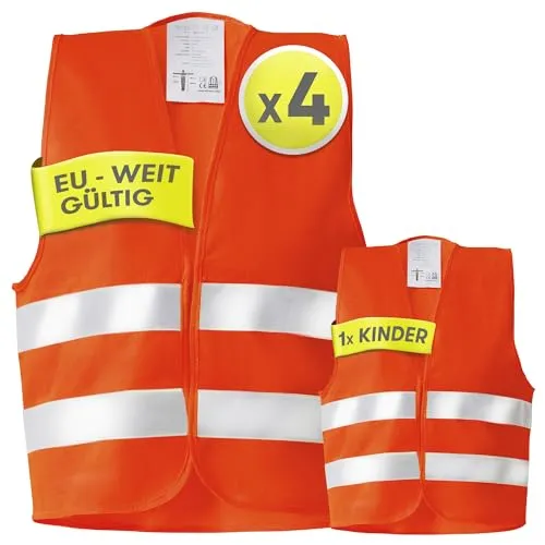 PURAHELP Warnwesten Auto 5er 4+1 Set Europaweit gültig nach EN ISO 20471 - Reflektierende Warnweste Auto inkl. Kinderweste - Sicherheitsweste Auto Warnweste Orange - Warnschutzweste Sicherheitswesten