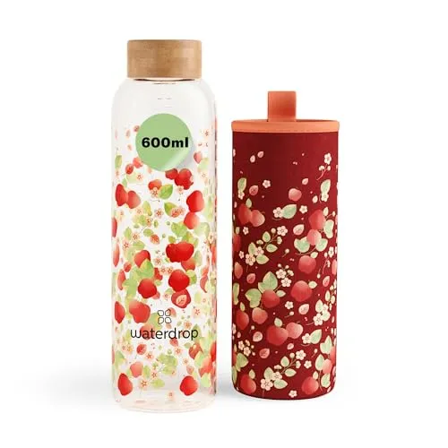 waterdrop® Flasche aus Glas 600ml - Trinkflasche Kohlensäure geeignet, BPA fei & spülmaschinenfest - auslaufsichere Wasserflasche mit Neoprenhülle - Borosilikat Glasflasche mit Schraubverschluss
