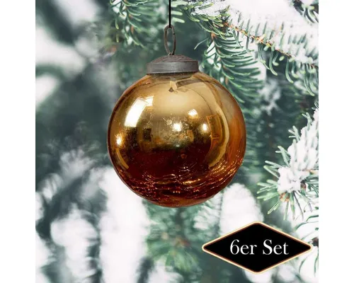 Antikas Weihnachtsfigur Christbaumkugelset, Krakeliertes/frozen Glas, Gold, Weihnachten, 6er