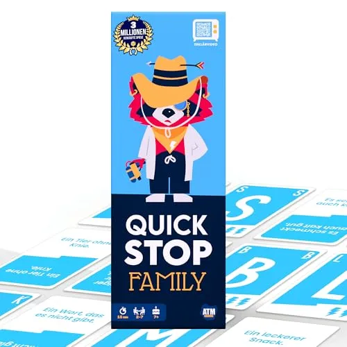 ATM GAMING QuickStop - Das Buchstaben-Duell - Familien-Edition des rasanten Buchstabenduells, ideal für 2-7 Spieler ab 7 Jahren. Fördert den Wortschatz und sorgt für Spaß bei schnellen Runden von 10-15 Minuten!