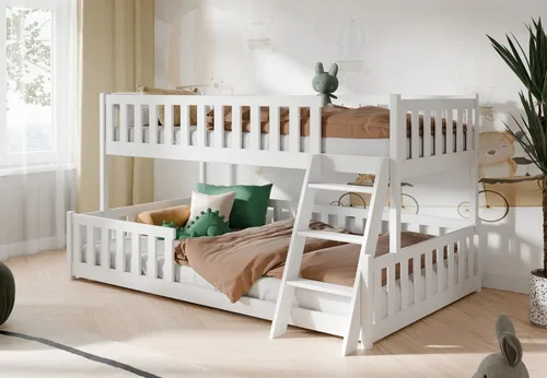Kids Collective Etagenbett 90x200 / 120x200 mit Rausfallschutz - Hochwertiges Etagenbett aus FSC-zertifiziertem Kiefernholz mit sicherem Rausfallschutz und stabiler Leiter. Ideal für Geschwister mit komfortablen Liegeflächen für ein sicheres Schlafumfeld im Kinderzimmer.