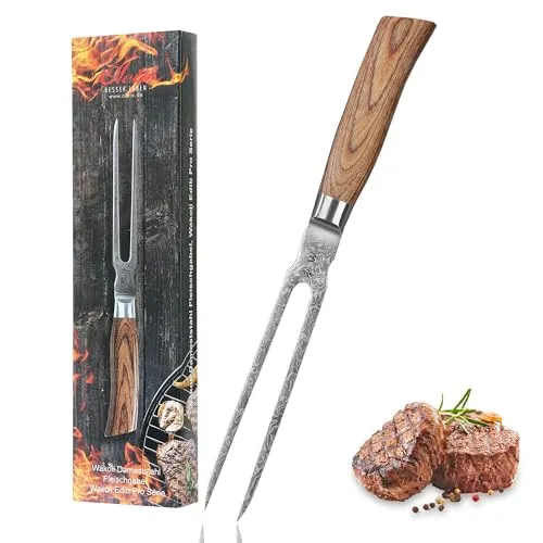 Wakoli EDIB Pro Damast Tranchiergabel – 18 cm Zinken aus Damaststahl - Fleischgabel für Braten & Grill, mit 18 cm langen Zinken aus 67 Lagen Damaststahl für maximale Stabilität und einzigartigem Pakkaholzgriff für komfortable Handhabung.