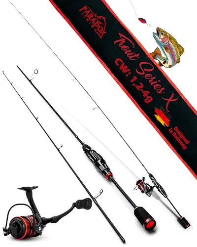 Paradox Fishing Ul-Ruten Set I Trout Series X - 1,85m mit 1000 Rolle - Angelset für Forellenangeln, perfekt ausbalanciert für weite Würfe und Drillspaß mit hochwertiger Kohlefaser-Rute.