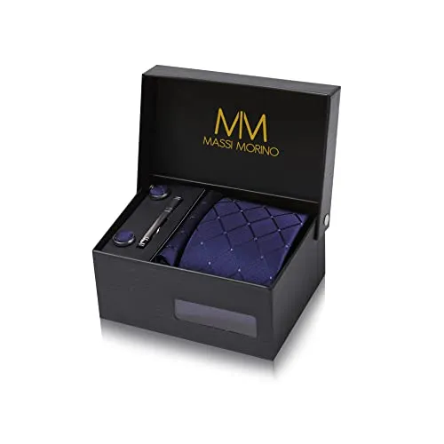 Massi Morino Krawatte Dunkelblau Quadrat Set mit Einstecktuch und Manschettenknöpfen - 5-teiliges Herren Krawatten-Set in edler Geschenkbox, inklusive Krawatte, Einstecktuch, Manschettenknöpfen und Krawattennadel – ideal für Hochzeiten und besondere Anlässe.
