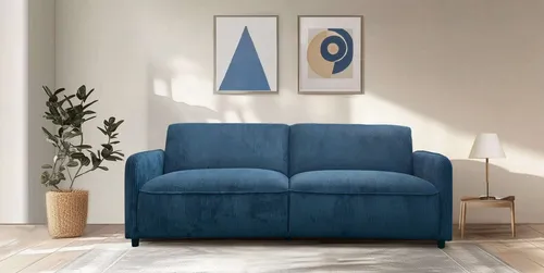 DOREL HOME "Allie Curved Schlafsofa 209 cm" in Blau mit Bettfunktion - Elegantes 3-Sitzer Sofa mit verstellbarer Rückenlehne und ausziehbarer Liegefläche. Ideal für kleine Räume – einfach montierbar und vielseitig einsetzbar.