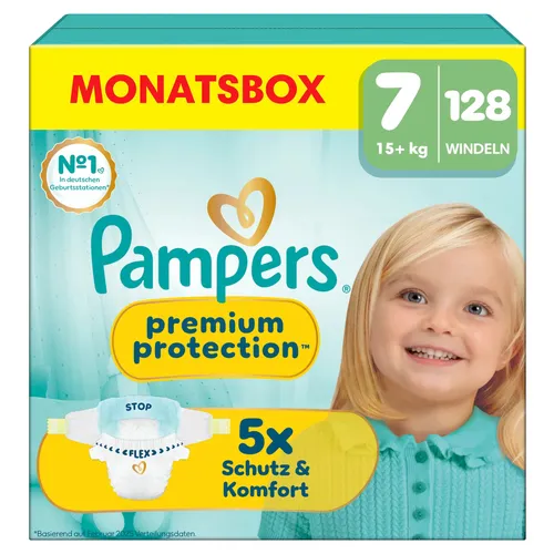 Pampers Premium Protection Größe 7 - 128 Windeln - Windeln für Babys über 15kg, bieten doppelten Schutz vor Auslaufen und sofortige Hautabsorption. Ideal für empfindliche Babyhaut, dermatologisch getestet und mit atmungsaktiven Materialien für höchsten Komfort.