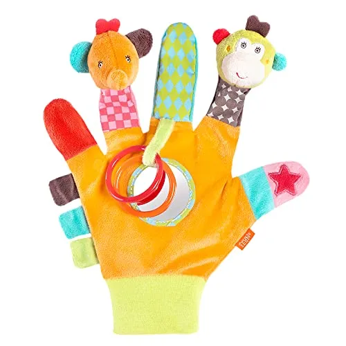 Spielhandschuh Safari – Fingerpuppen für Babys - Bunter Spielhandschuh mit Affe und Elefant, ideal zum Greifen und Spielen für Babys. Fördert die Fantasie und sorgt für viel Spaß beim Entdecken.